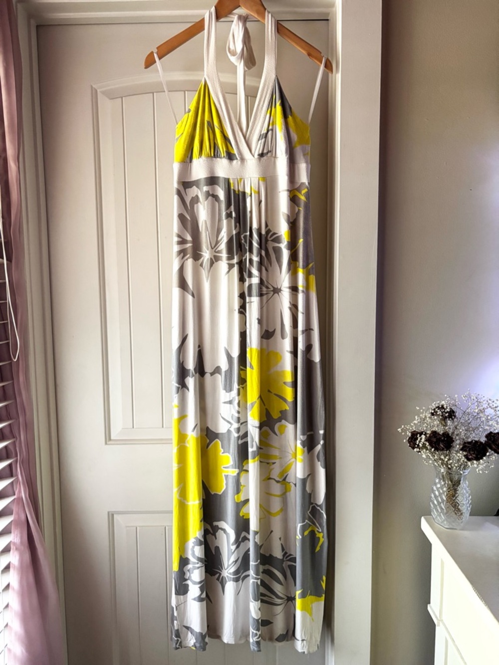 White Halter Maxi Dress with Yellow & Gray Floral Print